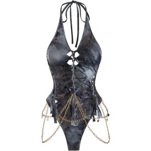 Floerns Women's Gothic Cut Out Lace Up Bodysuit Going Out Halter Neck Rave Body Suits Black Grey Multi Small