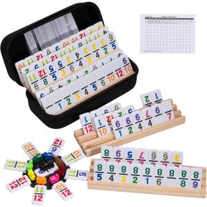Mexican Train Dominoes Set with 91 Number Tiles, 4 Wooden Racks, Double 12 Dominoes Game Set for Family Fun, Parties, and Travel