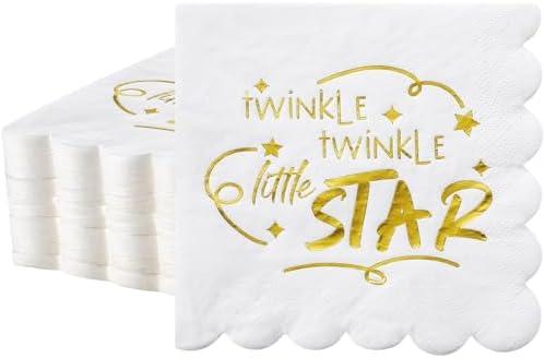 Sayglossy 100 Pcs Gold Foil Gender Reveal Napkins Scalloped Disposable Paper Cocktail Baby Shower Napkins Twinkle Twinkle Little Star Baby Shower Decorations, 2 Ply, 10 x 10 Inches