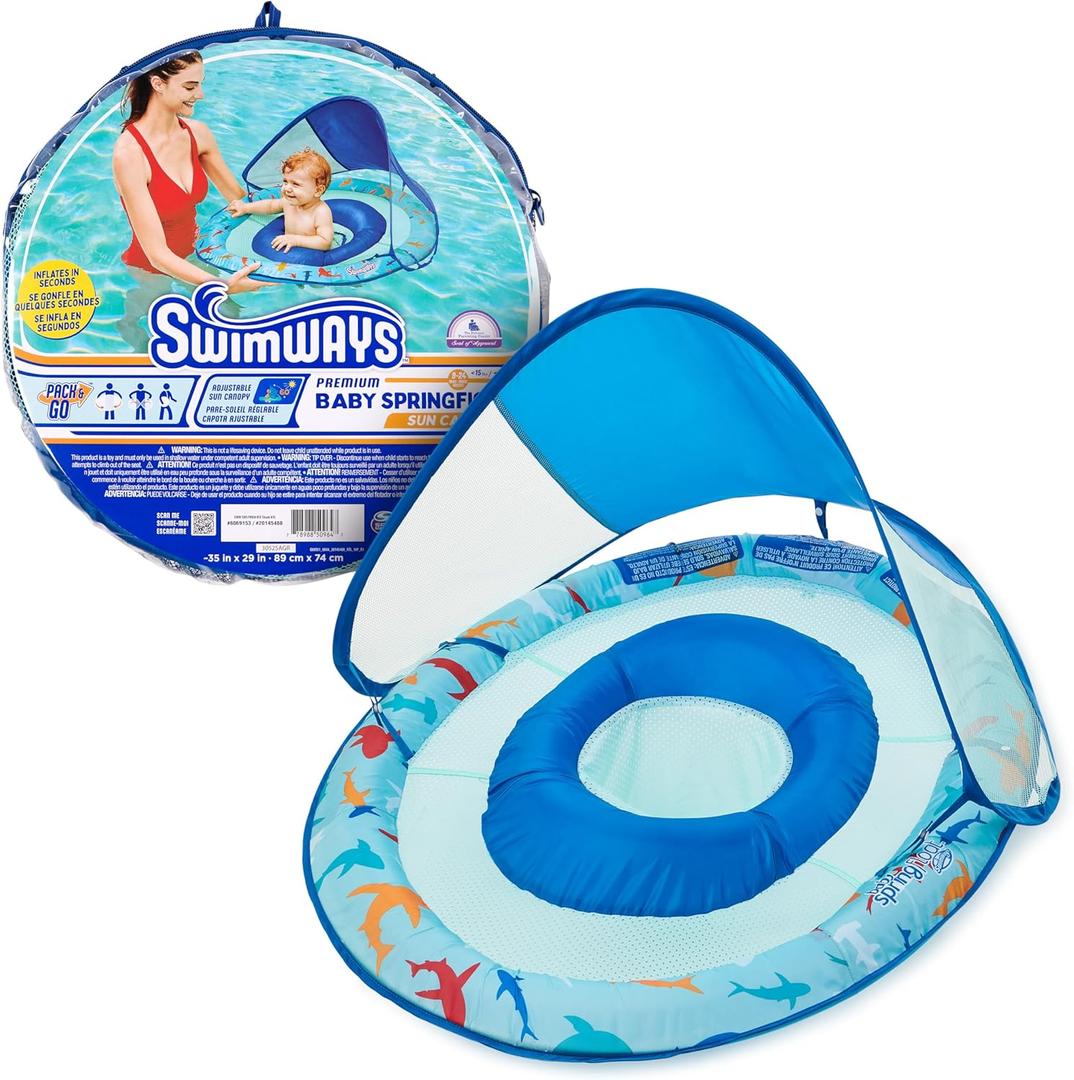 SwimWays Baby Spring Float with Adjustable Canopy and UPF Sun Protection, Blue Lobster (Shark)