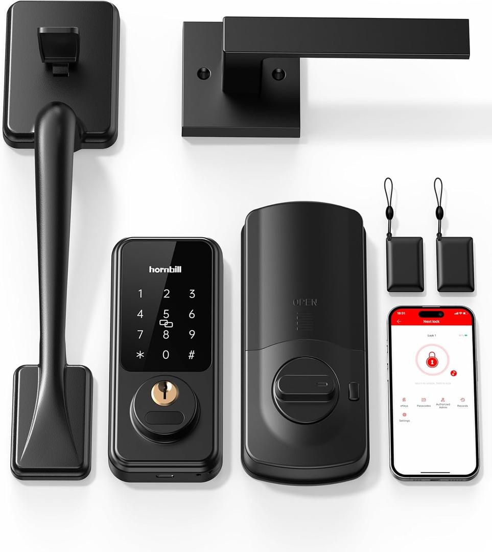 Smart Keyless Entry Door Lock with Handle, Hornbill Front Door Lock Set, Keypad Code Deadbolt with Lever, Digital Touchscreen via Alexa/Bluetooth/Keyfob/Key (Matte Black)