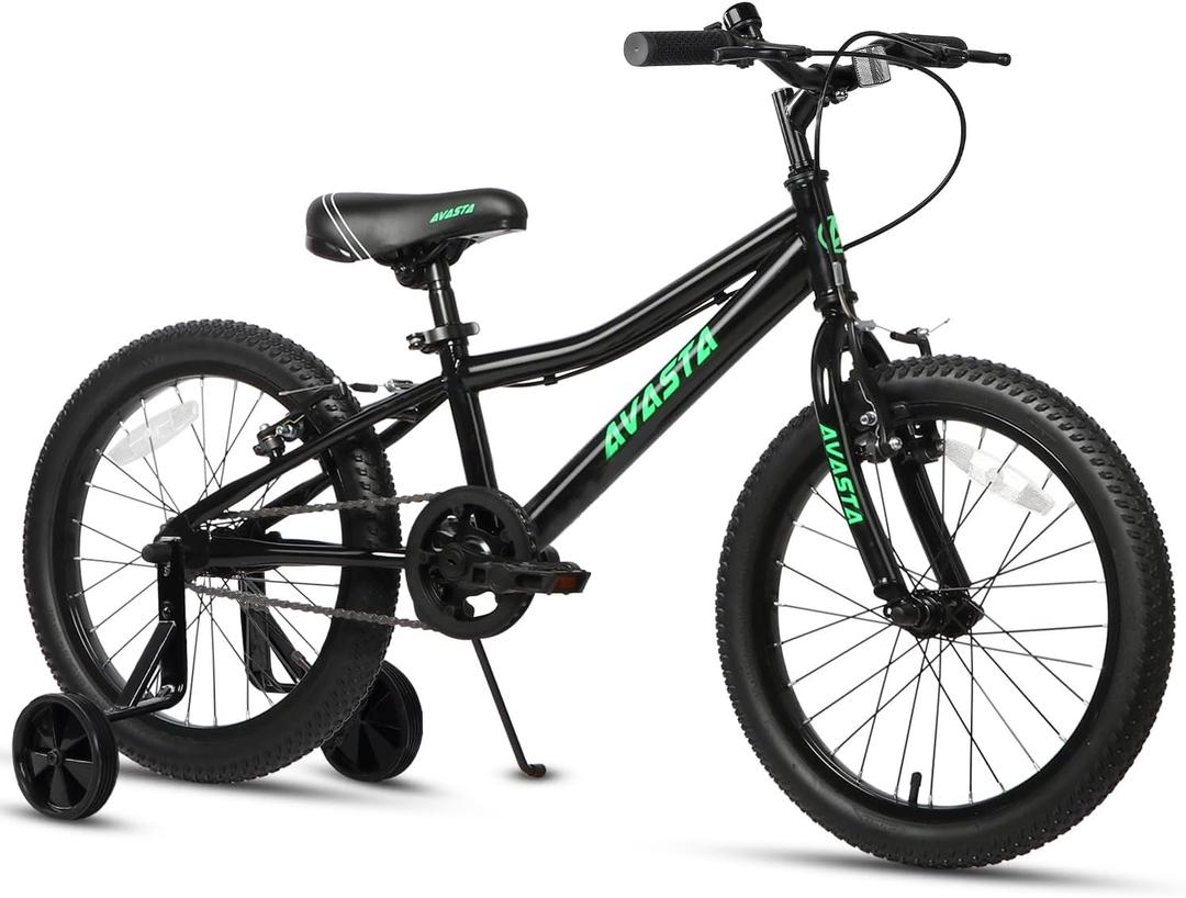 AVASTA Bilbo 18 Inch Kids Bike for Boys Girls 5 6 7 8 Years Old, Retro Style High Carbon Steel Bicycle with Adjustable Handlebars and Seat, Dual V-Brakes, Training Wheels, Kickstand, Black