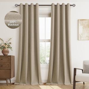 Jowels Khaki Linen Blackout Curtains 96 Length 2 Panels Set for Living Room Bedroom, 100% Black Out Thermal Insulated Linen Drapes, Room Darkening Grommet Curtains 96 Inches Long