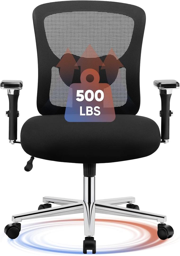 DUMOS Big and Tall Office Desk Chair with Lumbar Support, 500lbs Heavy Duty Mesh Ergonomic Computer Chair with 4D Armrest and Wide Comfy Seat, Swivel Wheels for Adult, Black, 1 pack