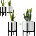 MUDEELA 2 Pack Adjustable Plant Stand for Indoor, Bamboo Plant Stand for 8 9 10 11 12 Inches Pot, Single Tier Flower and Planter Holder Floor Stand, Pot Not Included, Black, Mid Century Modern Style