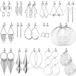 16 Pairs Clip on Earrings Women Jewelry Set Clip on Bohemian Earrings Clip on Hoop Dangle Drop Earrings Geometric Triangle Round Tassel with Rubber Pads Non Piercing Earrings for Women (Silver)