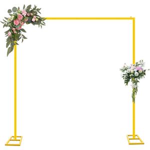 8FT Wedding Arch Backdrop Stand, Gold Square Back Drop Adjustable Stand Metal Arch Heavy Duty Backdrop Stand Kit Frame for Party Wedding Birthday Photobooth Decorations