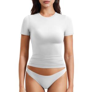 YEOREO Women Fitted Workout Tops Short Sleeve Double Lined Basic Y2K Going Out Crew Neck Compression Crop Top (Medium, White)