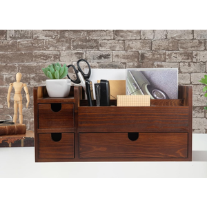 ExoLiry Rustic Brown Wooden Desktop Organizer Drawers Removable Office Supplies Torched Wood Storage Cabinet Caddy Box Stationery Pencil Slots Mail Holder Notes Accessories Home Makeup Tools Cosmetics
