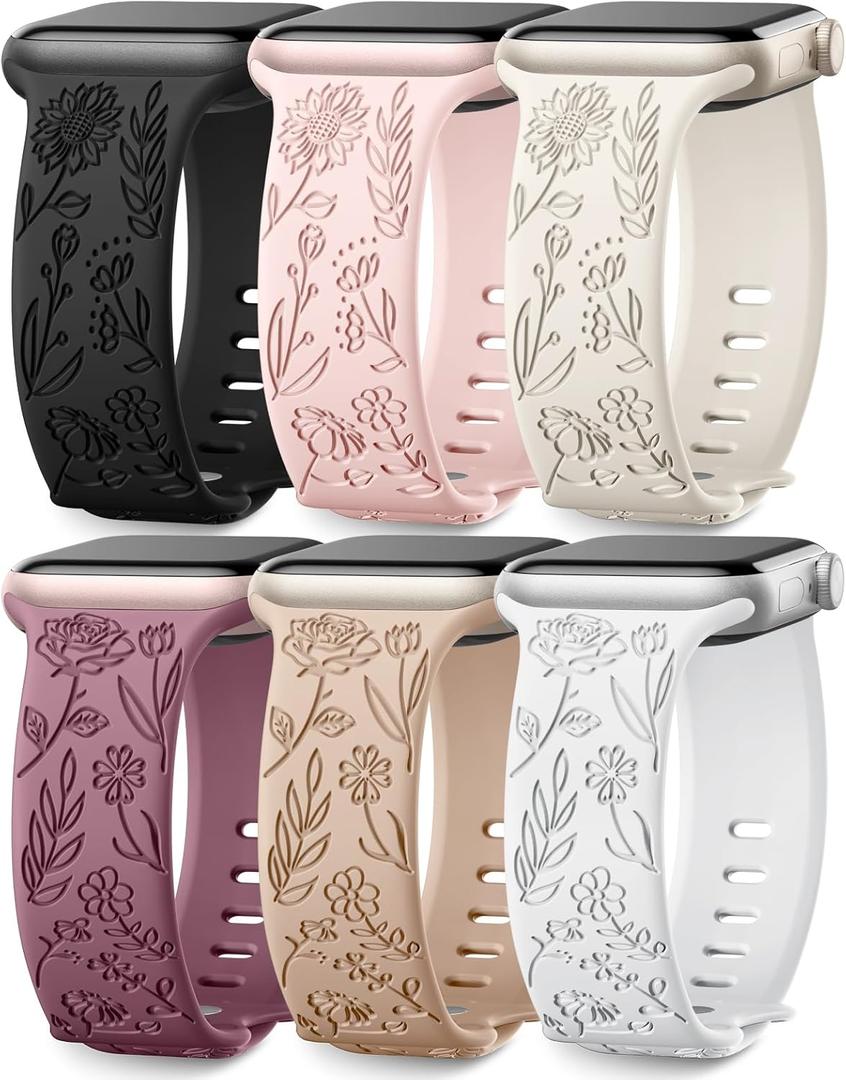 SNBLK 6 Pack Floral Engraved Bands Compatible with Apple Watch Bands 40mm 41mm 42mm 38mm 44mm 45mm 46mm 49mm Women Men, Silicone Flower Pattern Strap for iWatch Series 11 10 Se Ultra 9 8 7 6 5 4 3 2 1 (Starlight/Pink Sand/Milk Tea/White/Smoke Violet/Black)