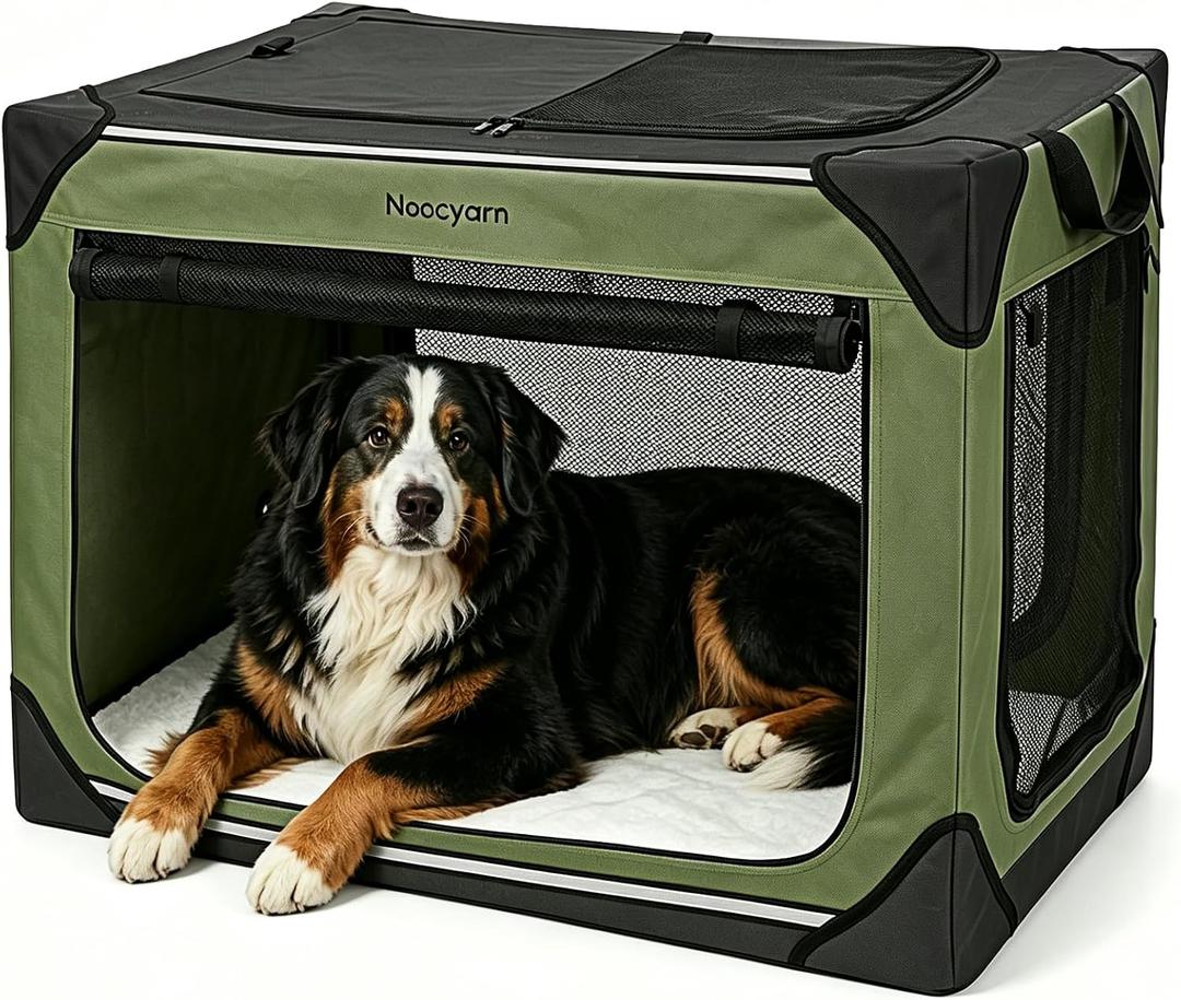 Collapsible Soft Dog Crate 42 Inch, Portable Travel Pet Crate for Extra Large Dogs with 4-Door Mesh, XL Dog Kennel Indoor & Outdoor, Green