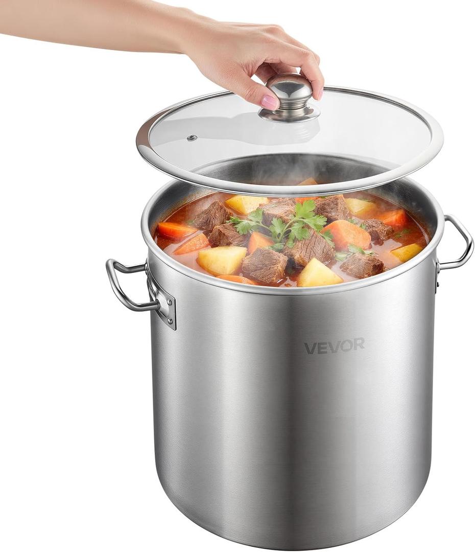 VEVOR Stainless Steel Stock Pot, 21-Quart Stainless Steel Stockpot with Glass Lid, PFOA-Free, PFAS-Free, Compatible with Gas Stoves, Induction Cooktops, Electric Stoves, for Soups, Stews, and Pasta