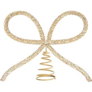 Generic Christmas Tree Topper,Gold Glass Rhinestone Bow Tree Topper,Xmas Holiday Tree Top Decoration for Indoor Outdoor Home Room Party (Gold)