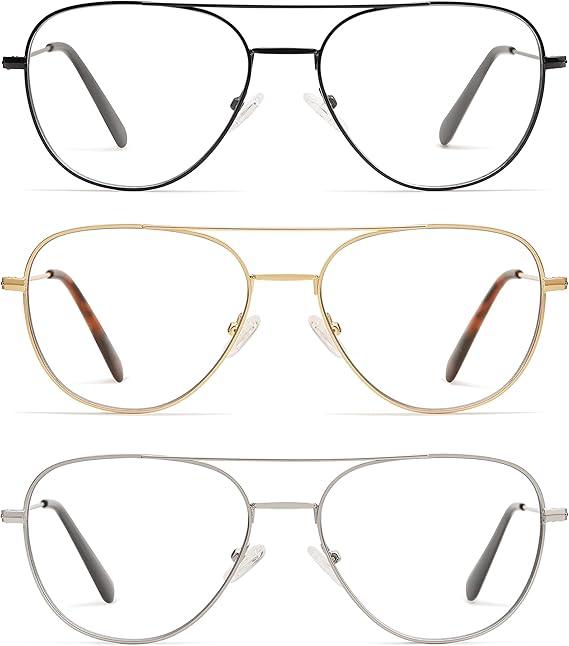 3-Pack Retro Aviator Reading Glasses for Men Women Trendy Square Blue Light Blocking Computer Readers Metal AM6092A
