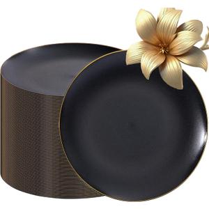 EI enjonirinjonir 80pcs Black and Gold Dinner Plates Disposable 10.25inch,Plastic Party Plates with Gold Rim,Black Plastic Matte plate Frosted Disposable Heavy Duty,Elegant for Wedding/Tea Party