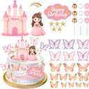 Hooqict 33PCS Princess Cake Decorations Set with Butterflies, Balls, Castle Cake Toppers & Cupcake Toppers for Girls Princess Birthday Party Decorations Tea Party Supplies