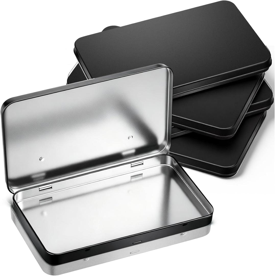 Geiserailie 4 Pack Rectangular Metal Tin Box with Lid Metal Hinged Lid Tin Empty Box Container Storage for Watercolor Jewelry Pen Eraser Pill Candy Craft Organize 7.0 x 4.2 x 0.6'' (Black)