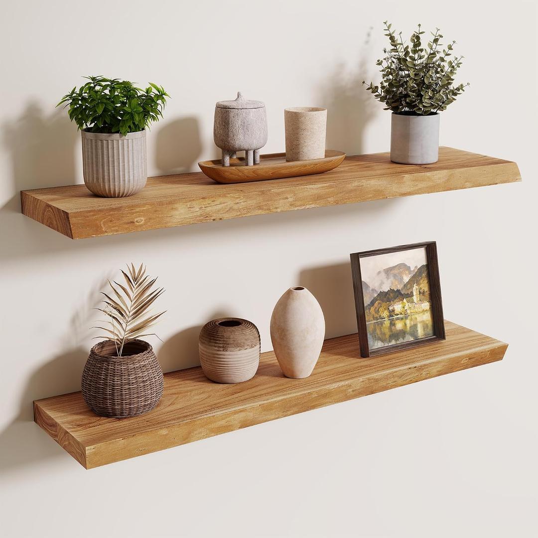 Axeman 32 inch Floating Shelves for Wall - 8'' D Live Edge Rustic Solid Elm Wood Floating Shelves Wall Mounted, Wall Shelves with Invisible Bracket for Living Room Bedroom Kitchen, Set of 2 Natural, 32 inches - 2P