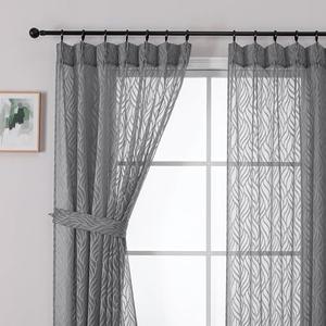 OWENIE Max Pinch Pleated Grey Sheer Curtains for Bedroom Living Room 63 Inch Length 2 Panels Set, Light Filtering Semi Sheer Leaf Jacquard Clip Dining Room Short Window Treatments, Grey, 42x63 Inch