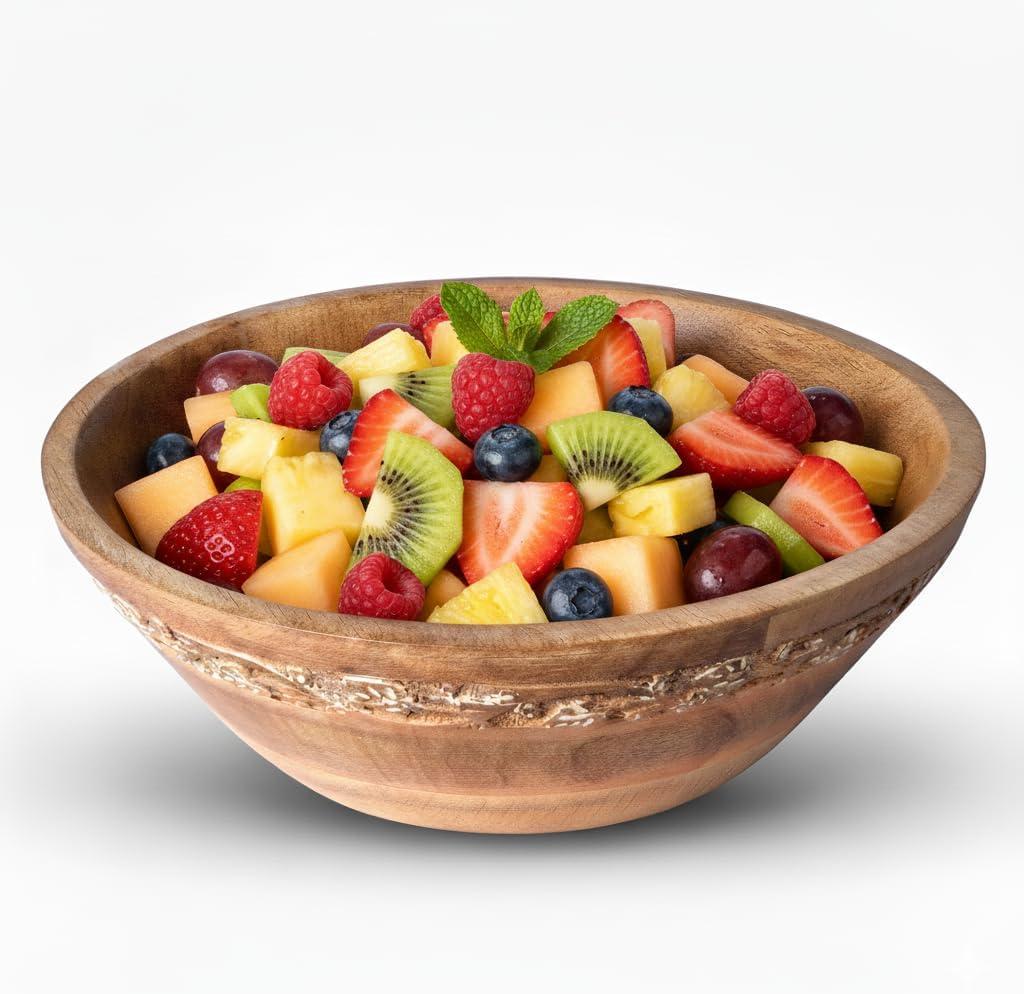 Mela Artisans Wooden Fruit Bowl  Whitewash Finish | Large 12 Mango Wood Serving Bowl with Felt Pads | Decorative bowl | Multipurpose Countertop Bowl for Breads | Salad | Fruit & More (12 Inch Diameter)