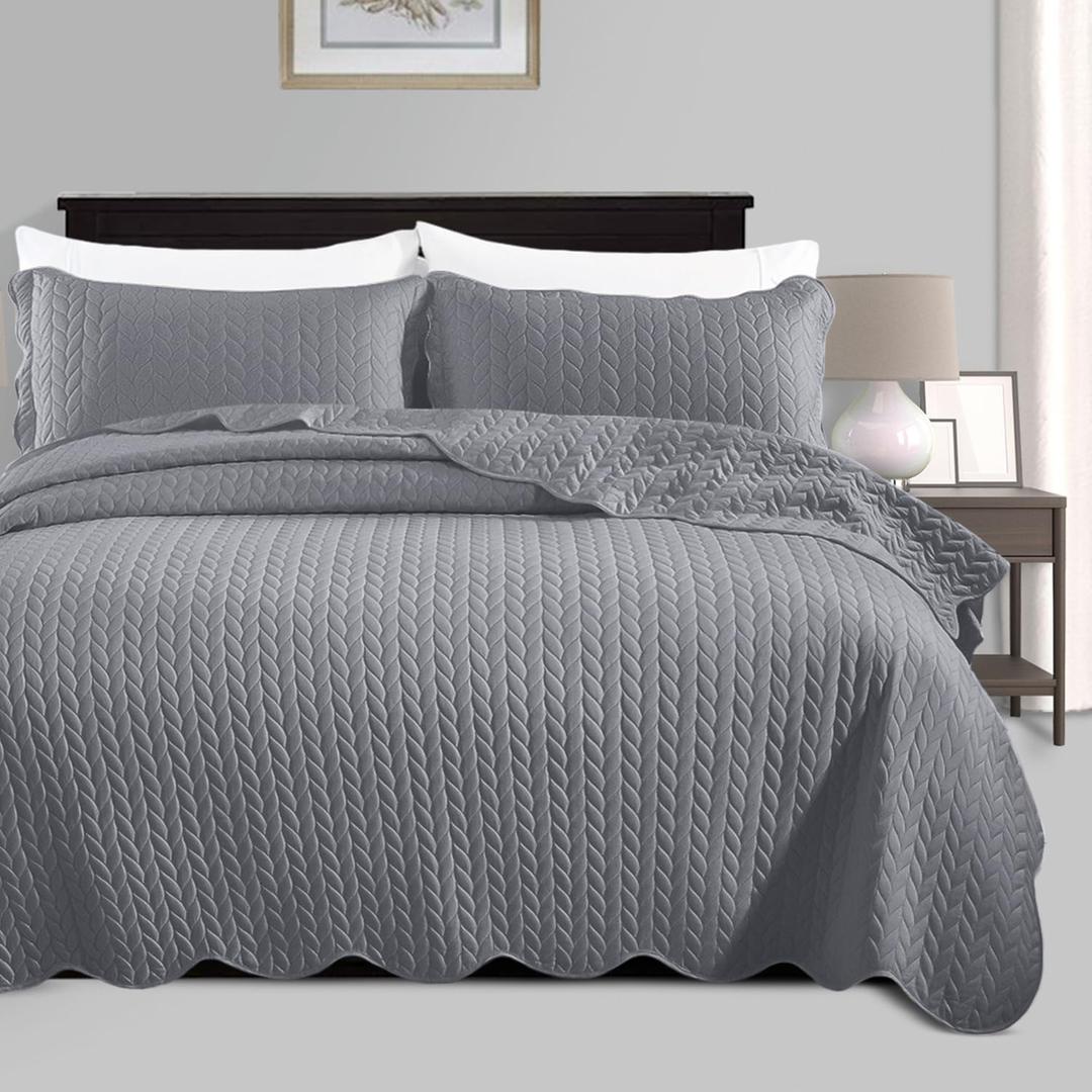 IR Imperial Rooms Queen Quilt Bedding Set Size (90" x 96") + 2 Pillow Shams (20" x 26"+ 2") - 3 Pcs Summer Season Lightweight Reversible Microfiber Coverlet Embossed Quilt Bedspread (Grey)