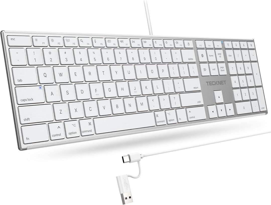 TECKNET Wired Keyboard for Mac, Ultra-Slim Silent Keyboard with USB & Type-C Dual Interface, Full Size with Numeric Keypad, Compatible with Apple MacBook Pro/Air iMac Pro/mini