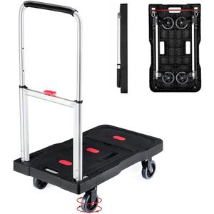 Folding Hand Truck Platform Truck 330 Lbs Heavy Duty Dolly Cart with Wheels, Fully Folded Push Cart, Portable Trolley Utility Cart for Easy Storage, Garage Moving Shopping Home Office (26.8" x 16.1"Platform, 4x 4" All Foldable Tpr Wheels)