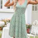 HUHOT Womens Sleeveless V Neck Dress with Pocket Summer Beach Midi Flared Tank Dress (Green, L)