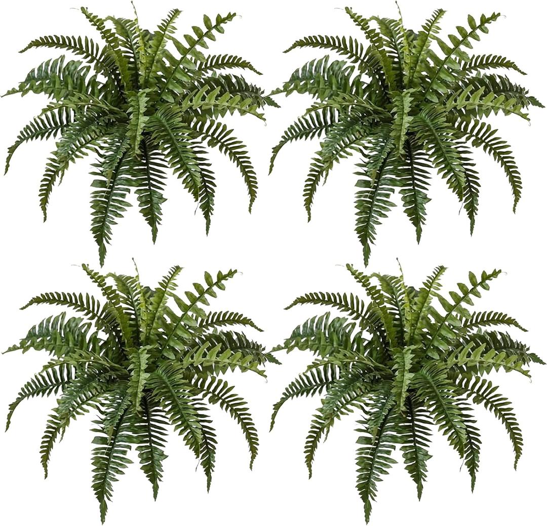 27IN Artificial Hanging Ferns,Large Boston Fake Ferns 25 Branches,Artificial Silk Green Plant for Outdoor Home Garden Porch Decor(Pack of 4) (25br4pcs-Green)