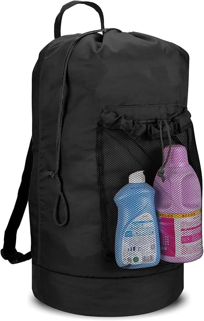 Dalykate Backpack Laundry Bag, Laundry Backpack with Shoulder Straps and Mesh Pocket Durable Nylon Clothes Hamper Bag with Drawstring Closure for College, Travel, Laundromat, Apartment (Black)