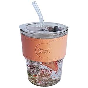 Giant Goods 13 Oz Salmon Pink Glass Tumbler with Straw and Lid, Leather Sleeve Tumblers, Iced Coffee Cup, Double Walled, Iced Water Tea Fruit Juice, Matcha Tumbler to Go (1 Count)
