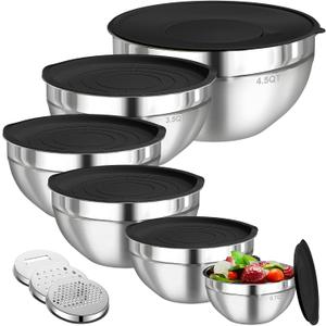 Mixing Bowls with Lids Set, 6 PCS Stainless Steel Mixing Bowls with 3 Grater Attachments, Kitchen Food Storage Organizers Nesting Mixing Bowl, Large Size 4.5, 3.5, 2.1, 1.5, 1.1, 0.7QT, Black