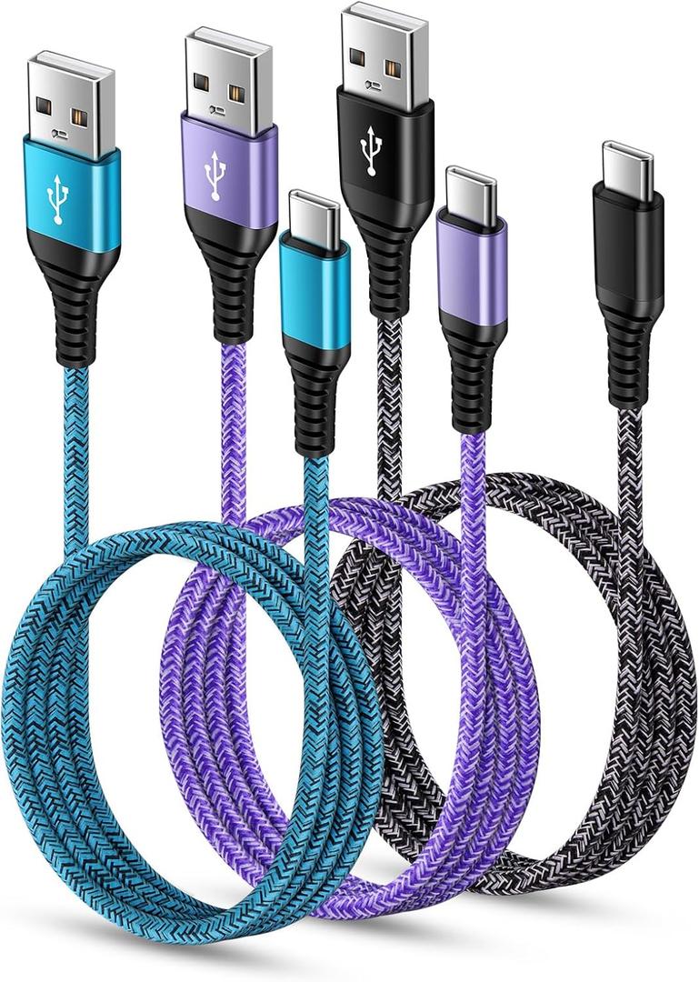 USB C Charger Cable Fast Charging 3 Pack 6ft for iPhone 17 16 15 Pro Max/15 Plus/15 Pro/15, 3.1A Braided Car Cord USB A to USB C Android Phone Power Cord for Samsung Galaxy S24 A54 A14 S23 Ultra S22