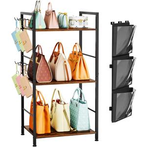 HapiRm Purse Organizer Storage Rack - Floor-Standing 3 Tier Purse Holder with Side Hooks and Transparent Pockets for Handbag Storage, High-Capacity Bag Organizer for Closet, Home, Living Room (Black)