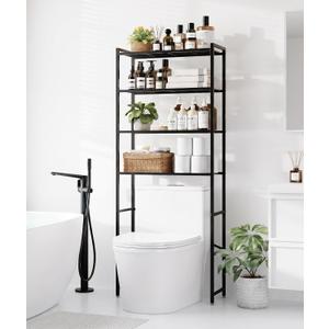 4-Tier Over The Toilet Storage Rack, Bathroom Organizer with One-Piece Metal Mesh Shelves, Over Toilet Shelf with Adjustable Feet & Anti-Tip Kit, Space-Saving Bathroom Storage, Black