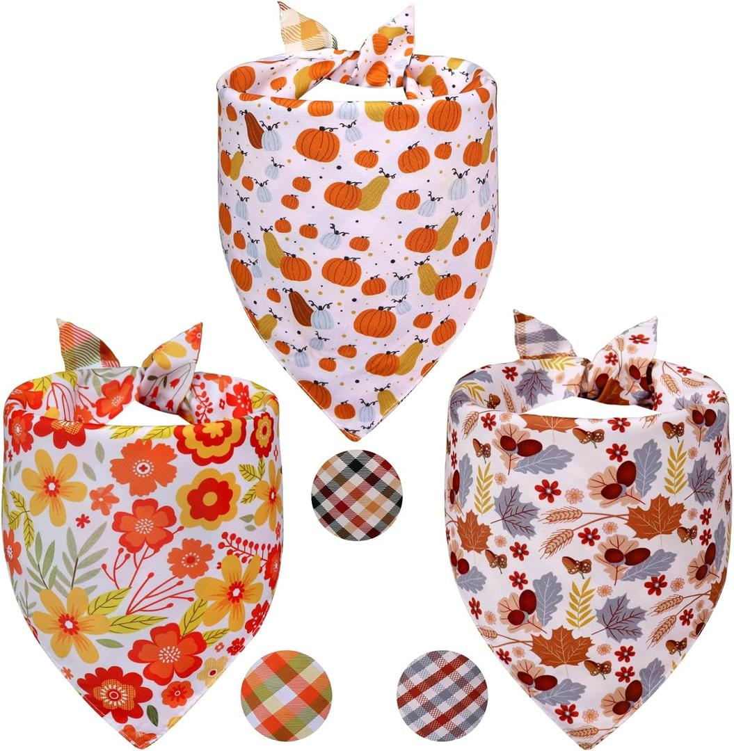 5 x Fall Dog Bandanas Small 3PCS, 6 Pattern Thanksgiving Scarf for Boy and Girl, Pumpkin Leaves Flowers Triangle Reversible Bibs Breed for Puppy Pets