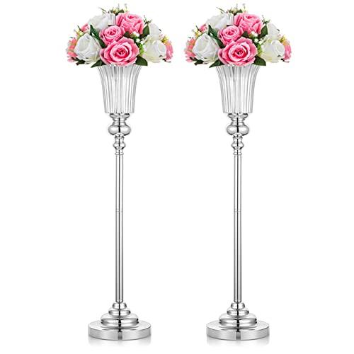 NUPTIO Flower Vase Centerpiece Wedding: 2 Pcs 26.7" Tall Silver Stand Metal Trumpet Vases for Wedding Party Table Decoartions