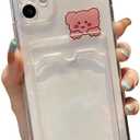 Casechics Compatible with iPhone Case,Cute Kawaii Cartoon Bunny Bear Clear Credit Card Slot Holder Wallet Transparent Corner Protection Soft Shockproof Cover Phone Case (Bear,iPhone 15 Pro)