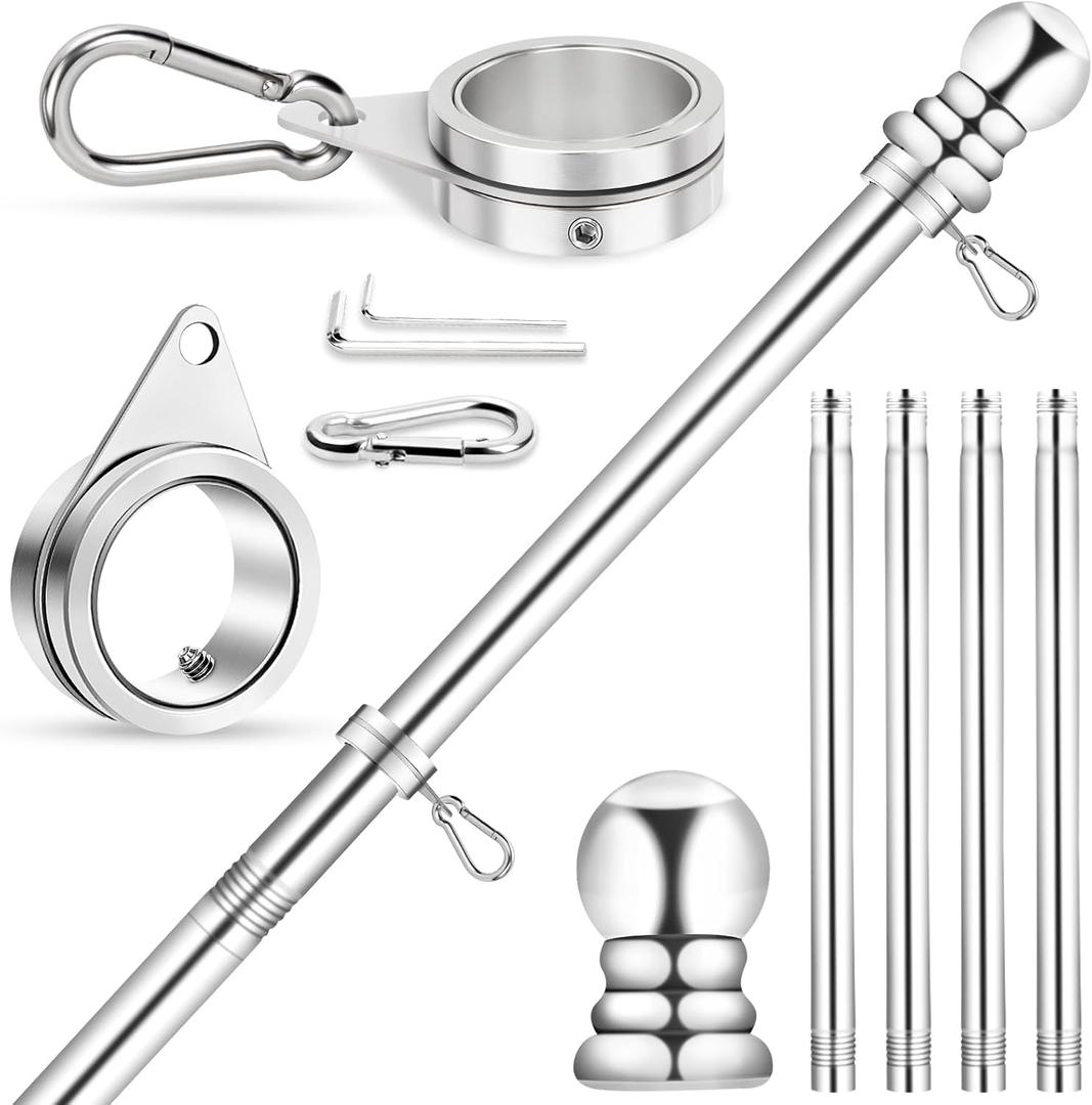 House Flag Pole, REERON 5 FT Metal Spinning Flagpole Kit, 1" Tangle Free Stainless Steel Flag Pole with 360 Flagpole Rings for Outside House Porch Residential Wall Mount for 3x5 Flag, Without Bracket