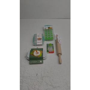 Set of 5: Biosmart Separated Food Container + Culinary Elements Microwave Egg Poacher + Silicone Ice Tray + Culinary Elements Salad Dressing Tote 2Oz + Wooden Rolling Pin