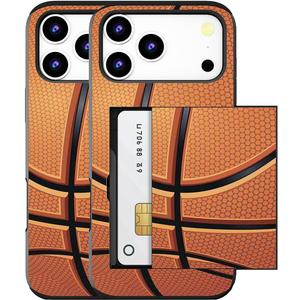 Compatible for iPhone 17 Pro Max Case with Card Holder Cute - Kawaii Design Military-Grade Drop Protection Rugged Wallet Cases for Women (Black Basketball Sports)