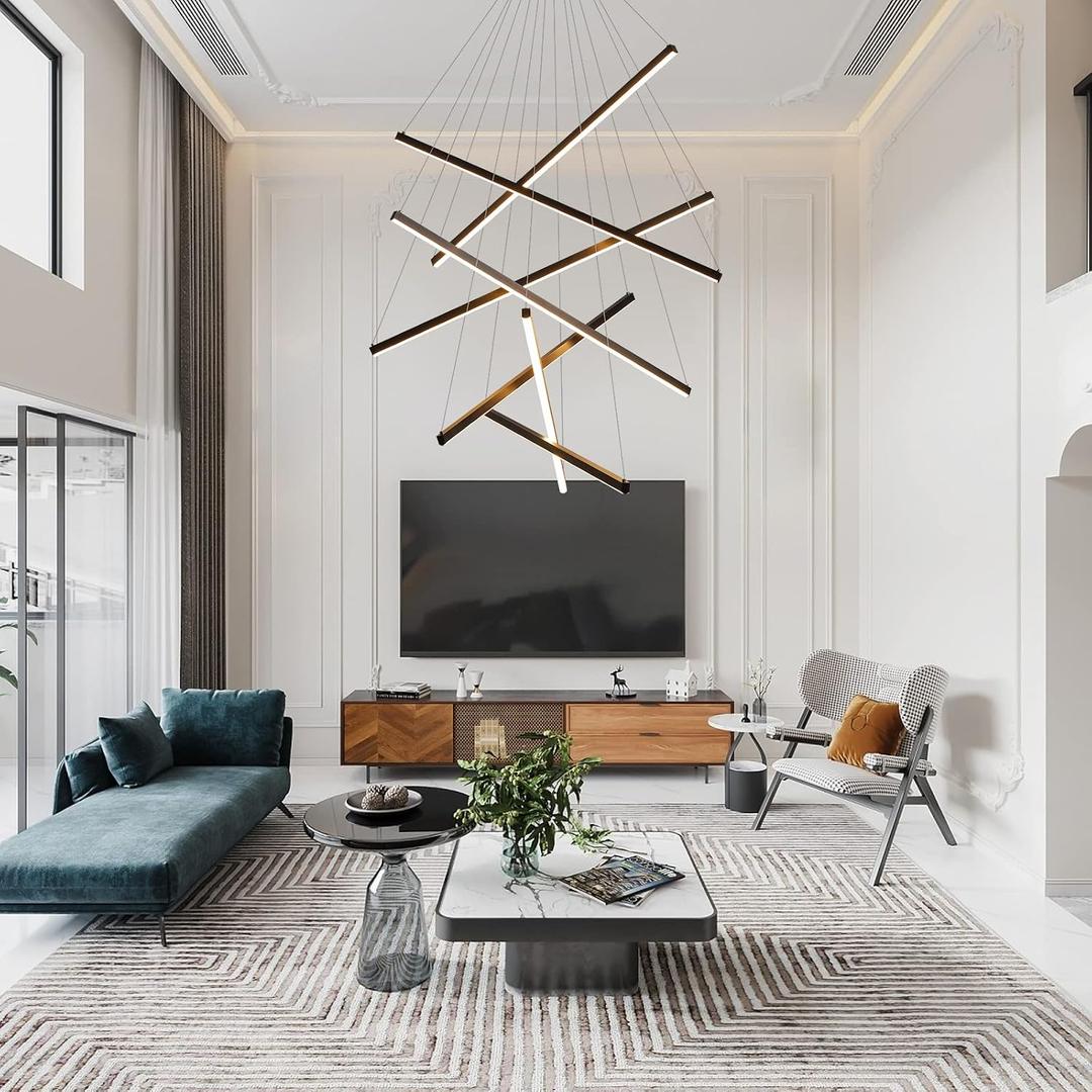 JAYMP Modern LED Chandeliers Dimmable Pendant Light Fixture for High Ceiling Living Room Dining Room Staircase Restaurant Sputnik Floating Sculptural Art Hanging Lamp (Black, 7-Lights Small)