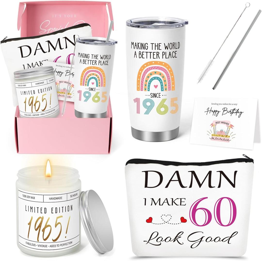 2 x 60th Birthday Gifts for Women, 60th Birhtday Gifts for Her, Women 60 Gifts, 60th Gift Baskets, Unique Funny 60th Birthday Ideas, 60 Years Old Gifts for Sister Friend Mom Wife Coworker Born in 1965