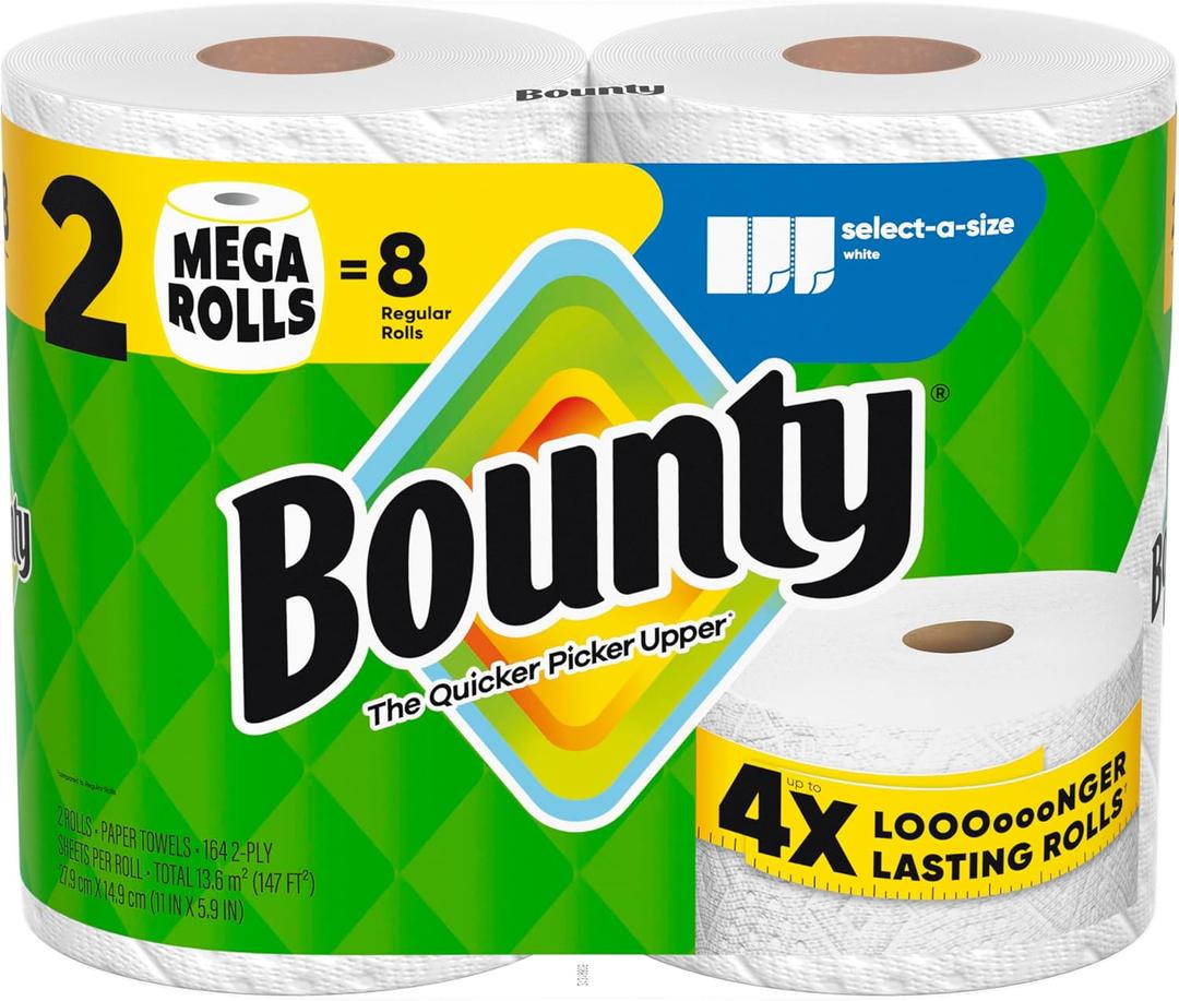 Bounty Select-A-Size Paper Towels, White, 2 Mega Rolls = 8 Regular Rolls