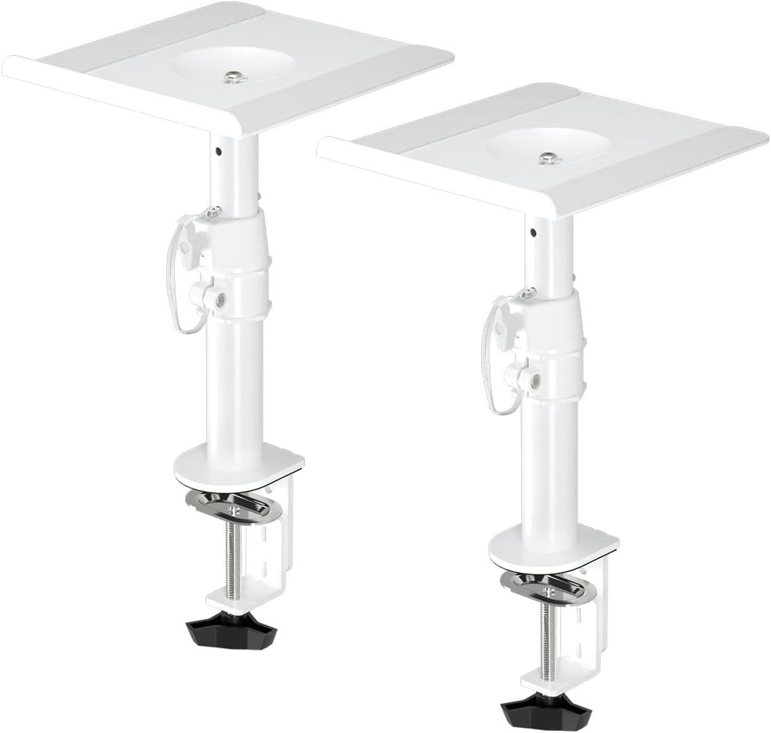 suptek Clamp-on Speaker Stand Desk Mount Set, Height Adjustment, Tilt, Swivel, 9.6 x 8.8 inch Trays, Universal Audio Holders for Computer and Bookshelf Speakers, Elevated Sound, 2 Pack, White, SDM001W