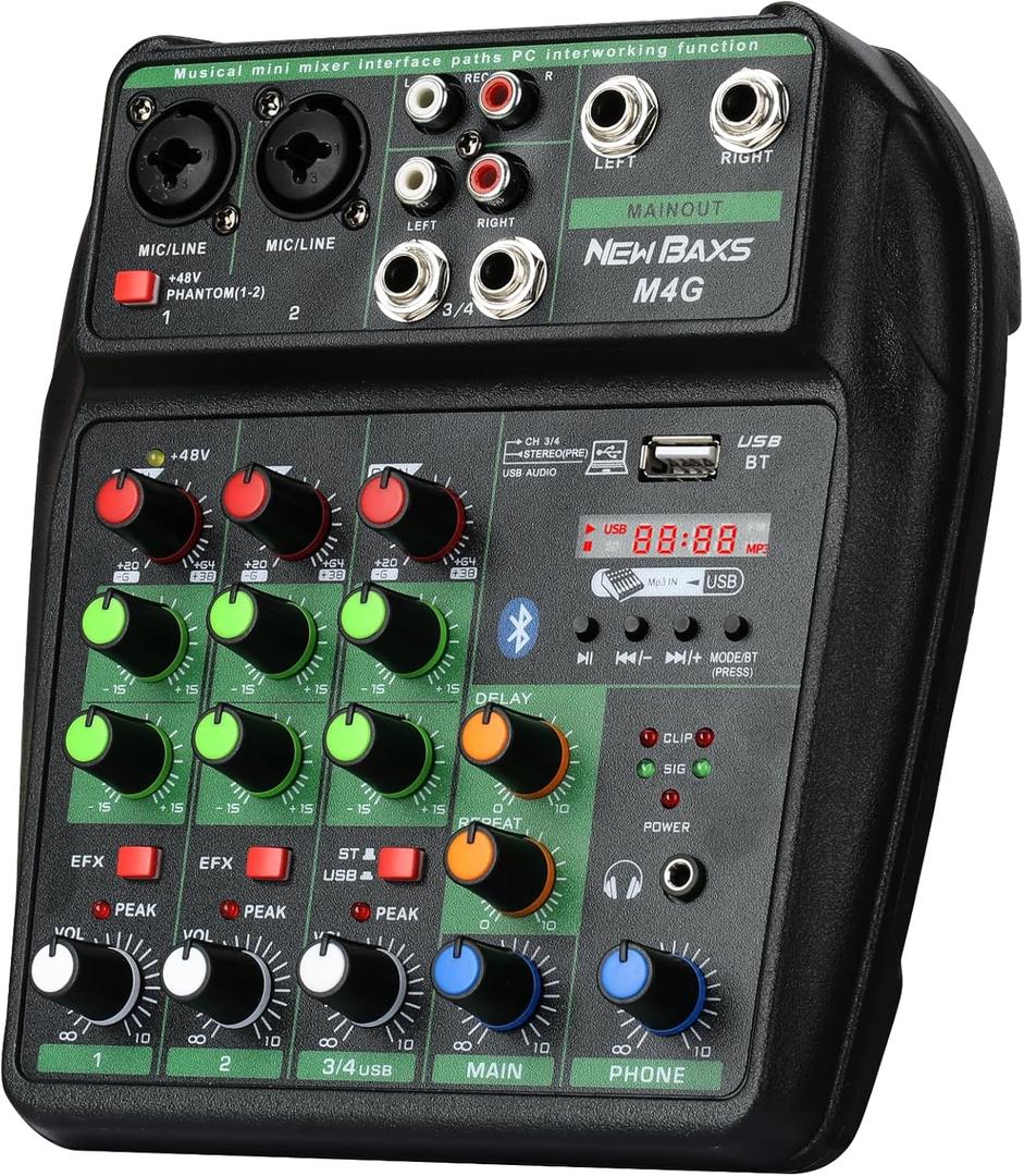 DJ Audio Mixer, DJ Mixers 4 Channel Sound Board with Bluetooth, NEW BAXS Sound Mixer Board XRL/1/4" Interface, USB/MP3 Computer Input 48V Phantom Power Stereo DJ Studio Streaming KTV Stage,Balck