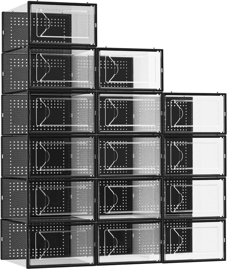 Foluck Shoe Storage Box, 15 Pack Clear Plastic Stackable Shoe Organizer for Closet, Interlocking Design for Sneakers, Foldable Shoes Container Rack with Lids, Black
