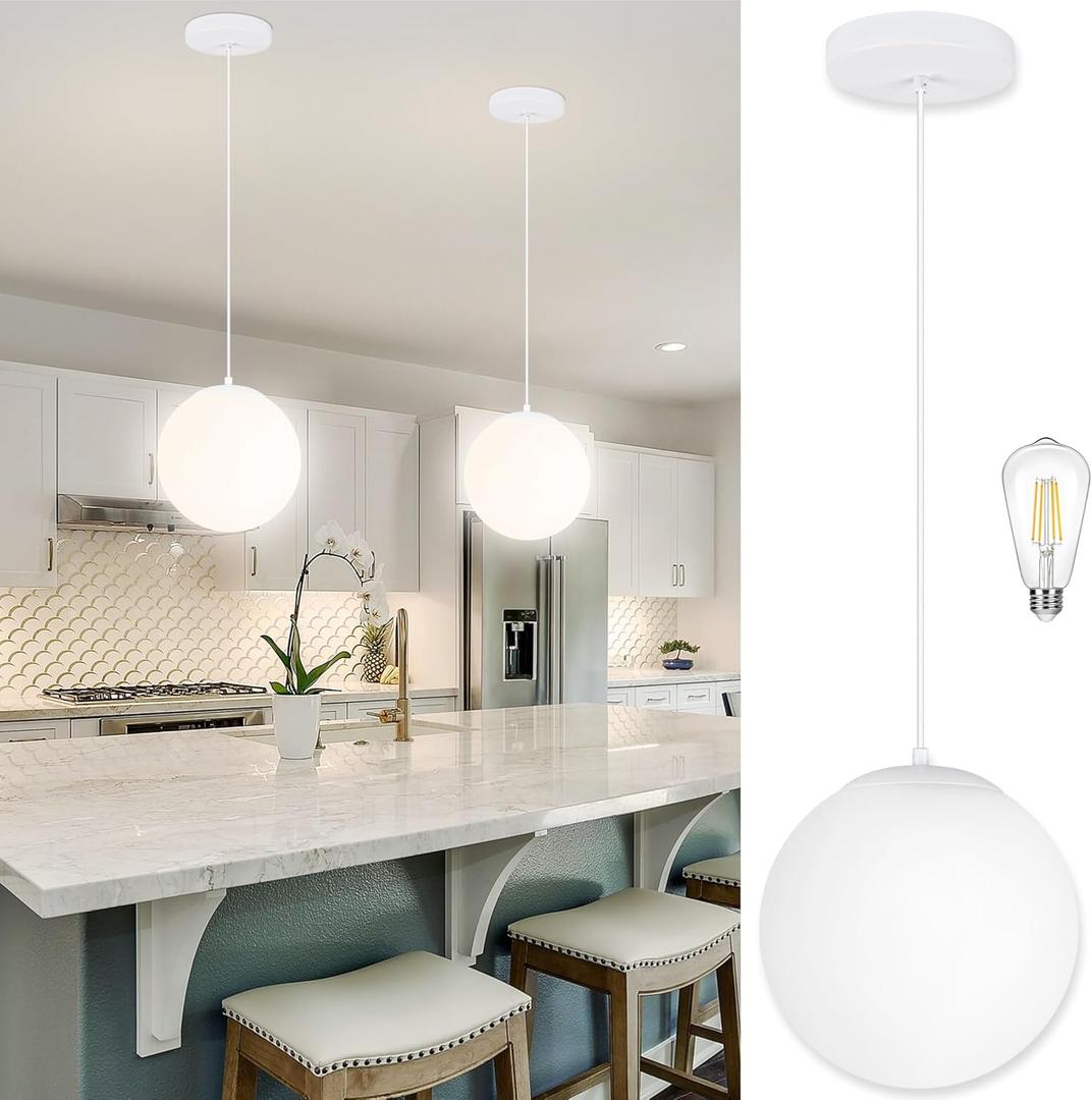 KoKo&Yukina 10 Inch Pendant Light White Globe Pendant Lights Kitchen Island Mid Century Light Fixture Adjustable Globe Pendants Lights with Milky White Glass Shade for Dining Room Living Room