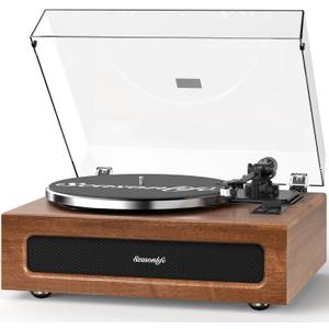 Record Player Turntable for Vinyl Records Built-in 4 Stereo Speakers All in 1 Vinyl Player Belt Drive Turn Table MM Cartridge ATN-3600L Stylus 33 45 Speed BT Wireless High Fidelity Classic Brown