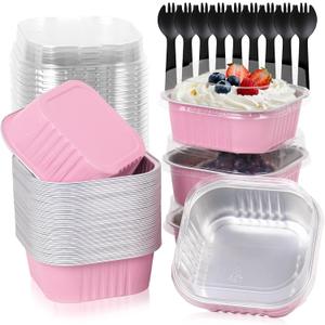 FORBFAN 150 Pack 10 oz Mini Cake Pans with Lids & Spoons, Pink Foil Square Dessert Cups, Disposable Baking Tins for Party, Catering, Gifting & Small Bakery